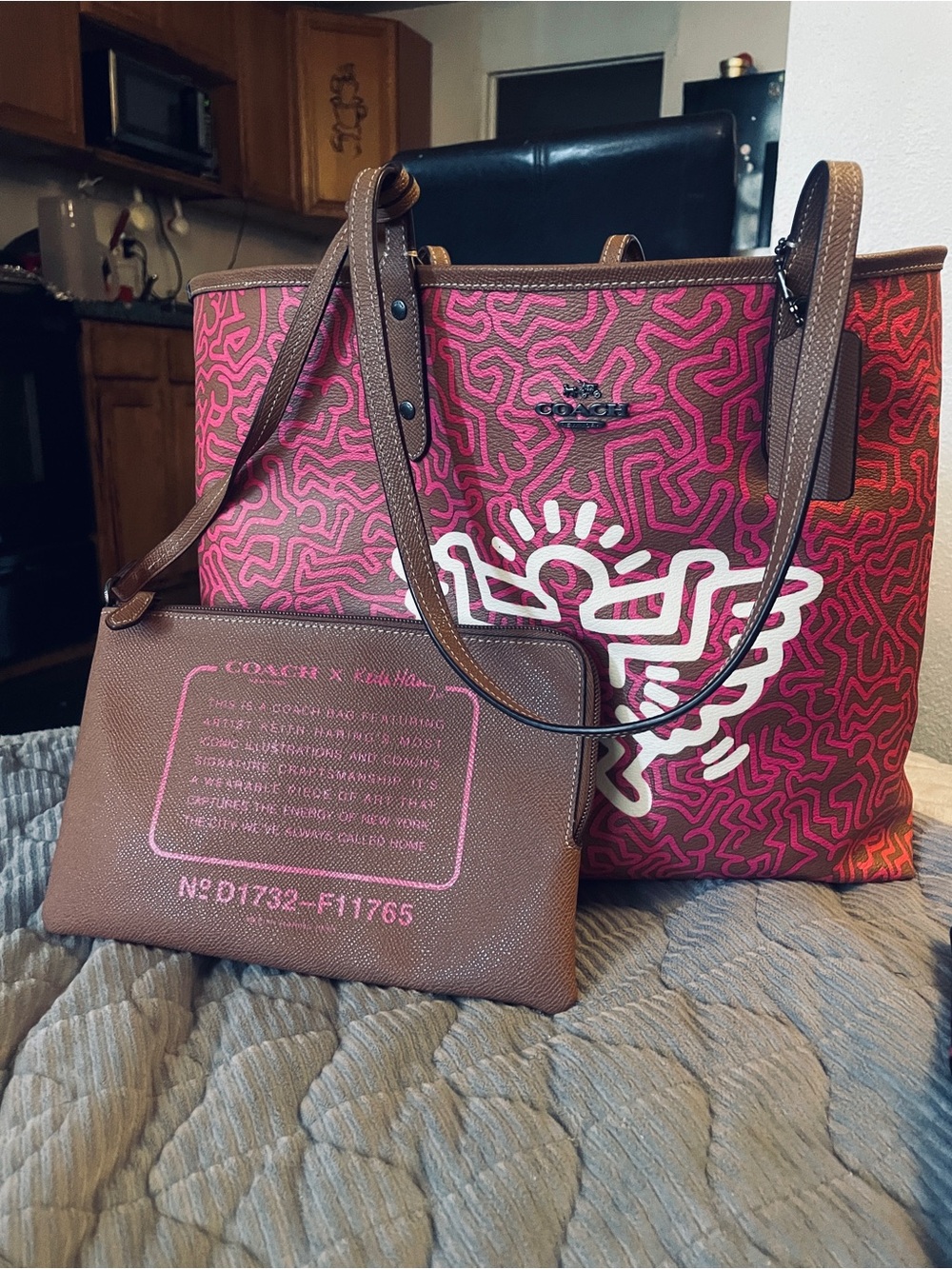 Coach Pink Graphic Tote with Brown Leather Pouch